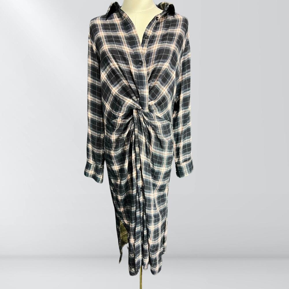 Anama Plaid Button Up Ruched Shirt Dress